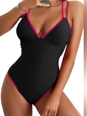 Eomenie Women's One Piece Hot Pink/Black Bathing Suit